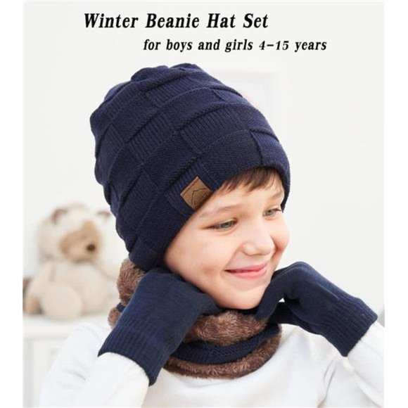 Kids Winter Beanie Hat Scarf Touchscreen Gloves Set for Boys Girls 4-15 Years - Picture 2 of 12